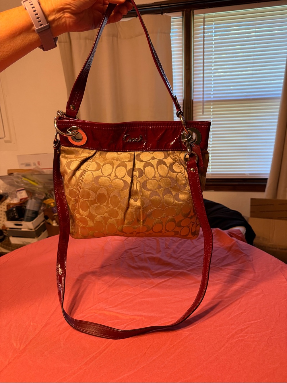 Coach Gold Signature Canvas Shoulder Bag with Burgundy Patent Trim